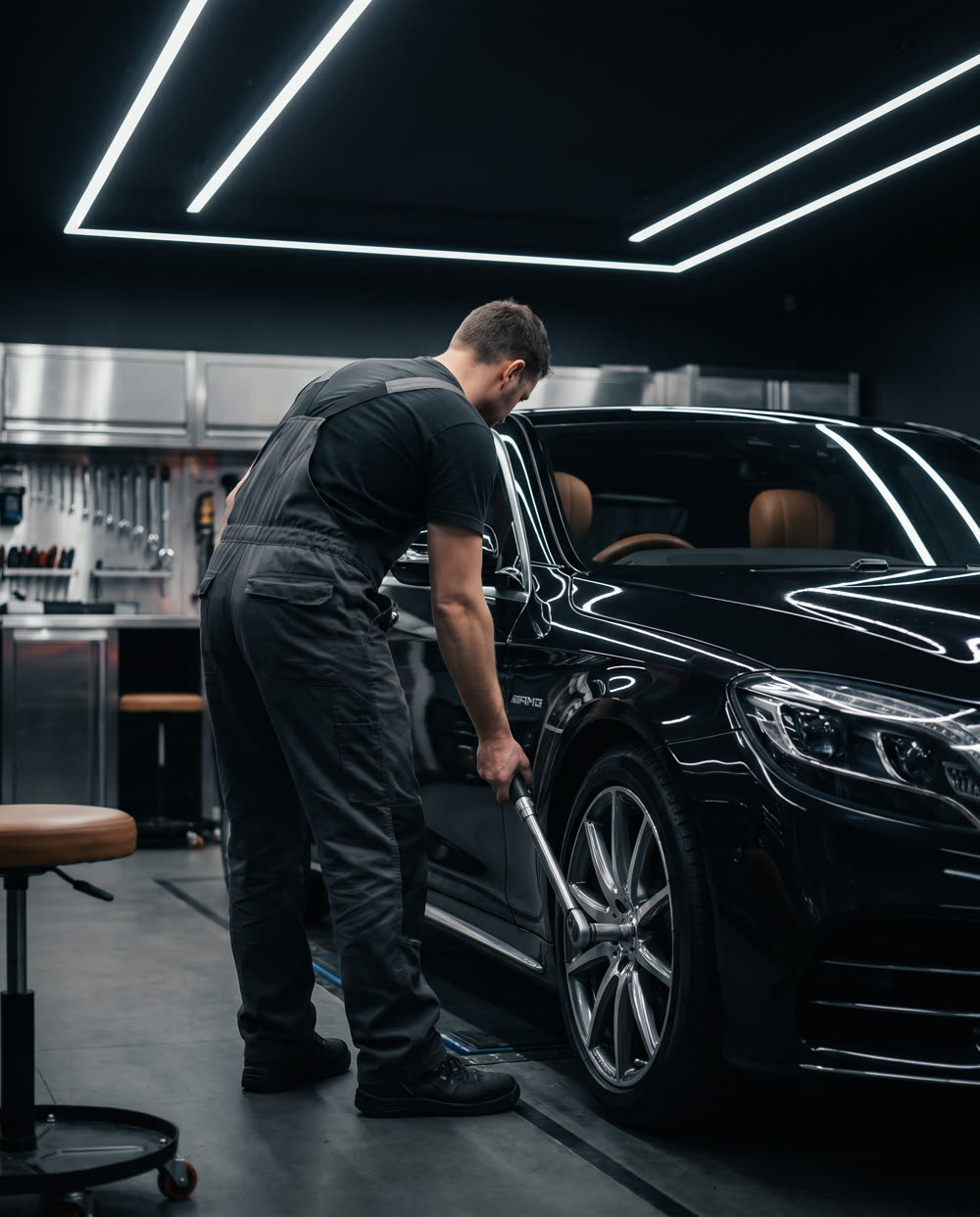 Technician tightening the wheel bolts on a black Mercedes-Benz saloon